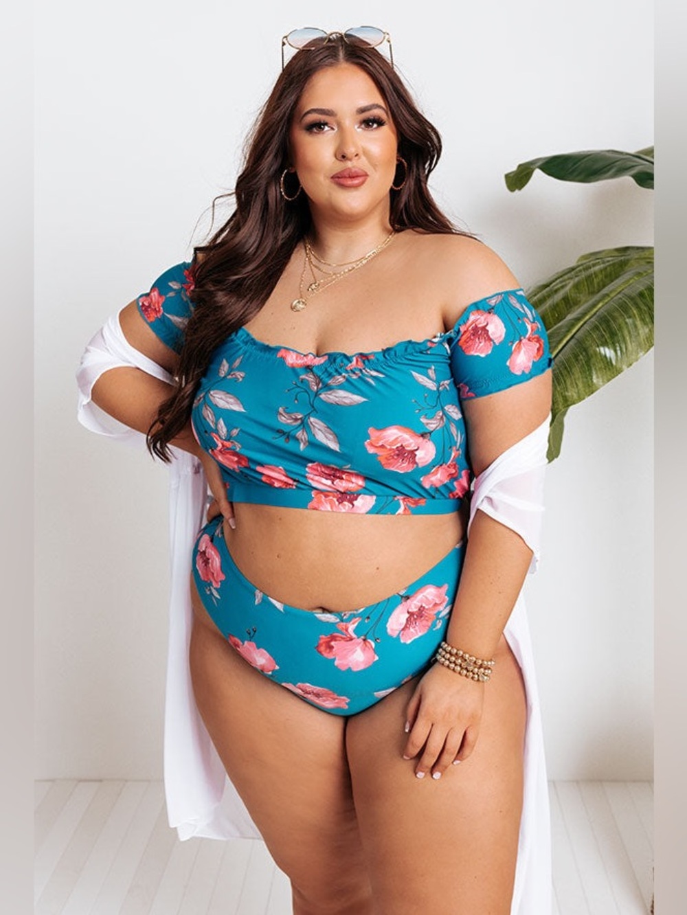 Impressions Online Boutique Teal Floral Off-Shoulder Bikini Set 2XL